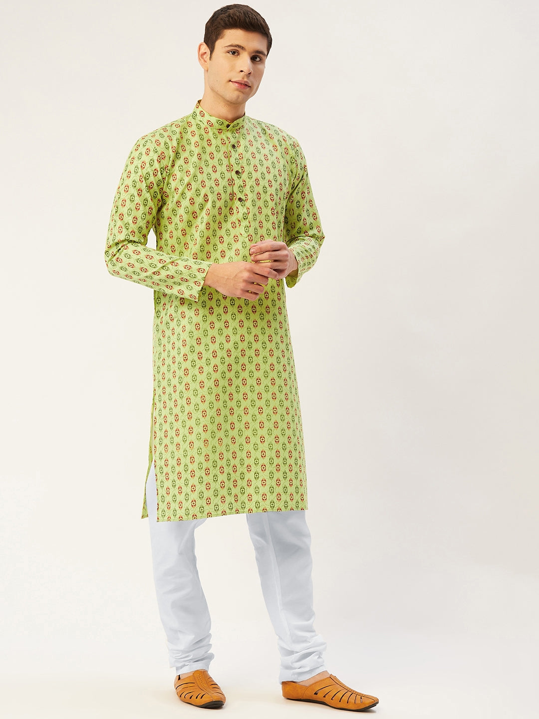 Jompers Men's Green Cotton Ikat printed kurta Only