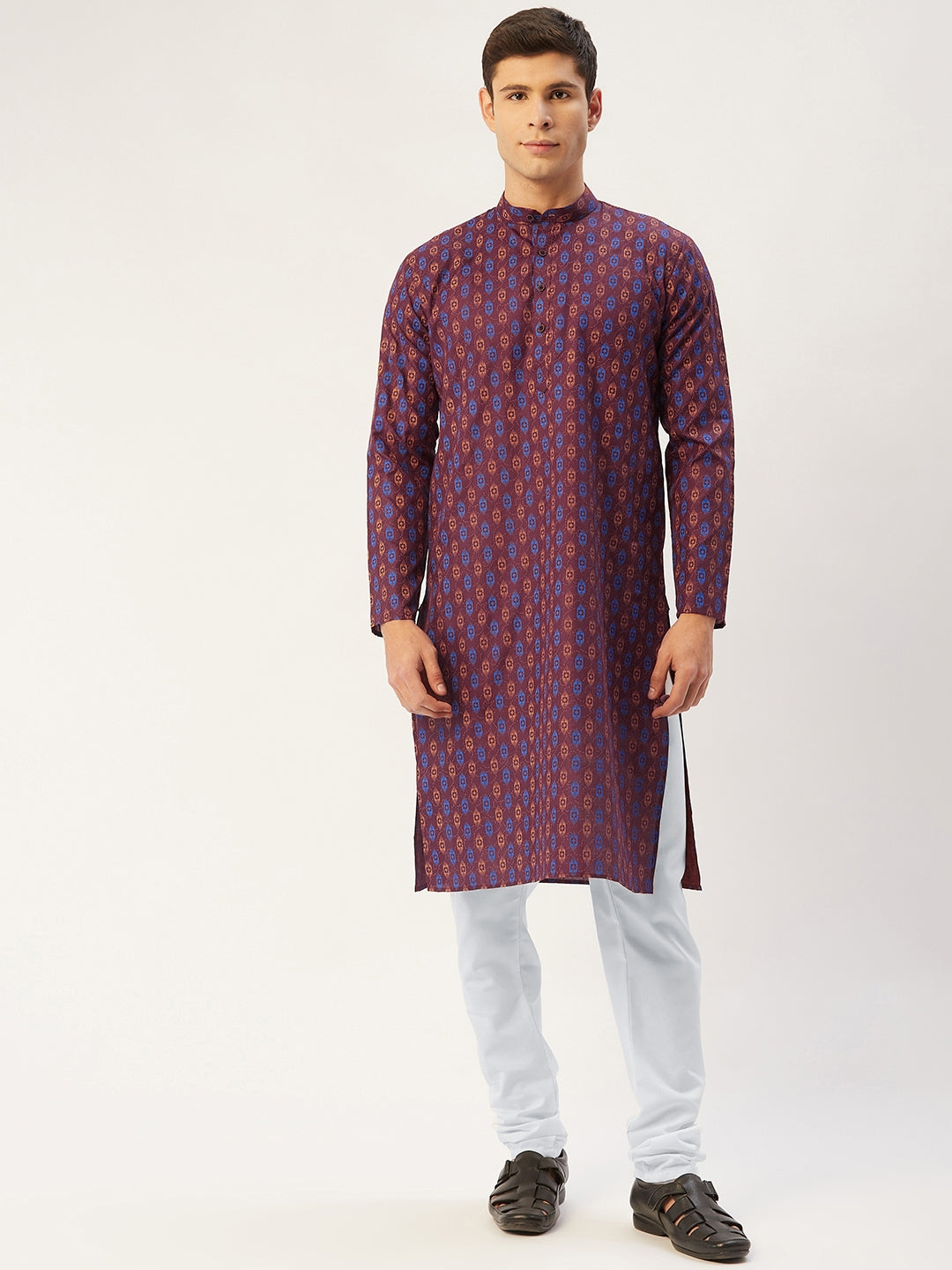 Jompers Men's Maroon Cotton Ikat printed kurta Pyjama Set