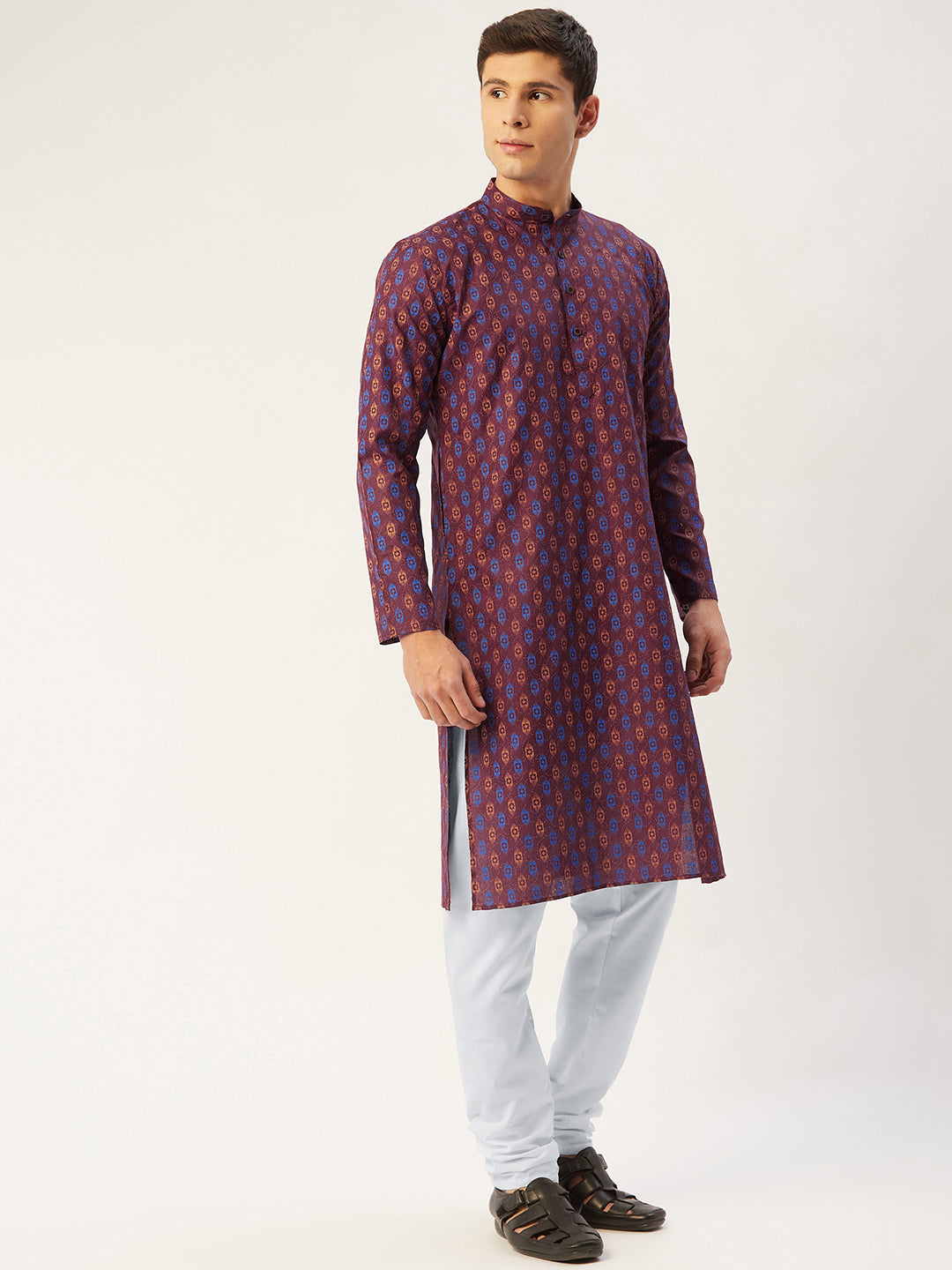 Jompers Men's Maroon Cotton Ikat printed kurta Only