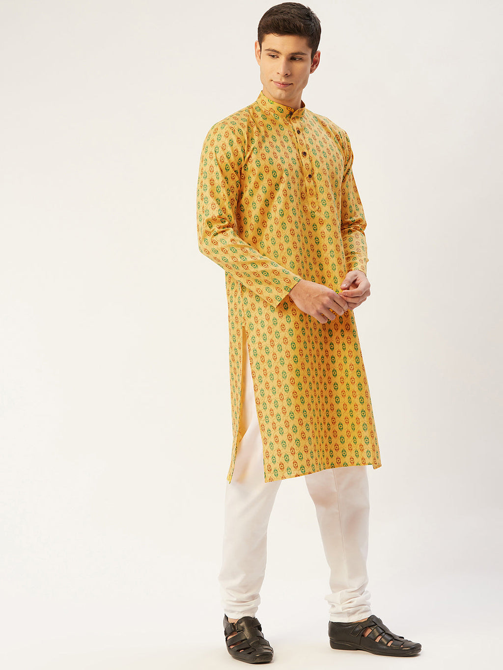 Jompers Men's Mustard Cotton Ikat printed kurta Pyjama Set