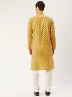 Jompers Men's Mustard Cotton Ikat printed kurta Pyjama Set