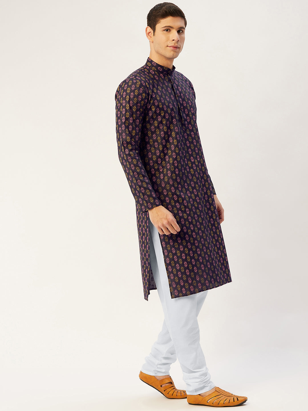 Jompers Men's Navy Cotton Ikat printed kurta Pyjama Set