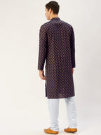 Jompers Men's Navy Cotton Ikat printed kurta Pyjama Set