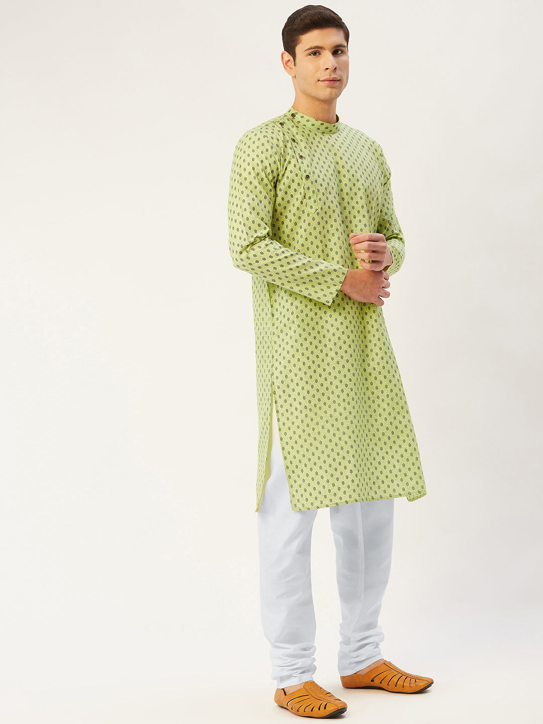 Jompers Men's Green Cotton printed kurta Pyjama Set