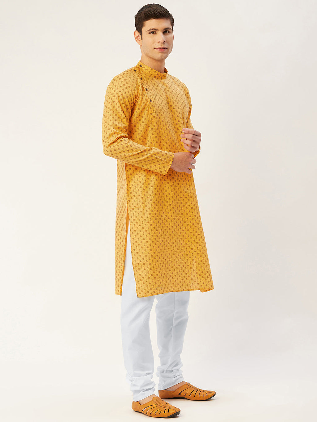Jompers Men's Mustard Cotton printed kurta Pyjama Set