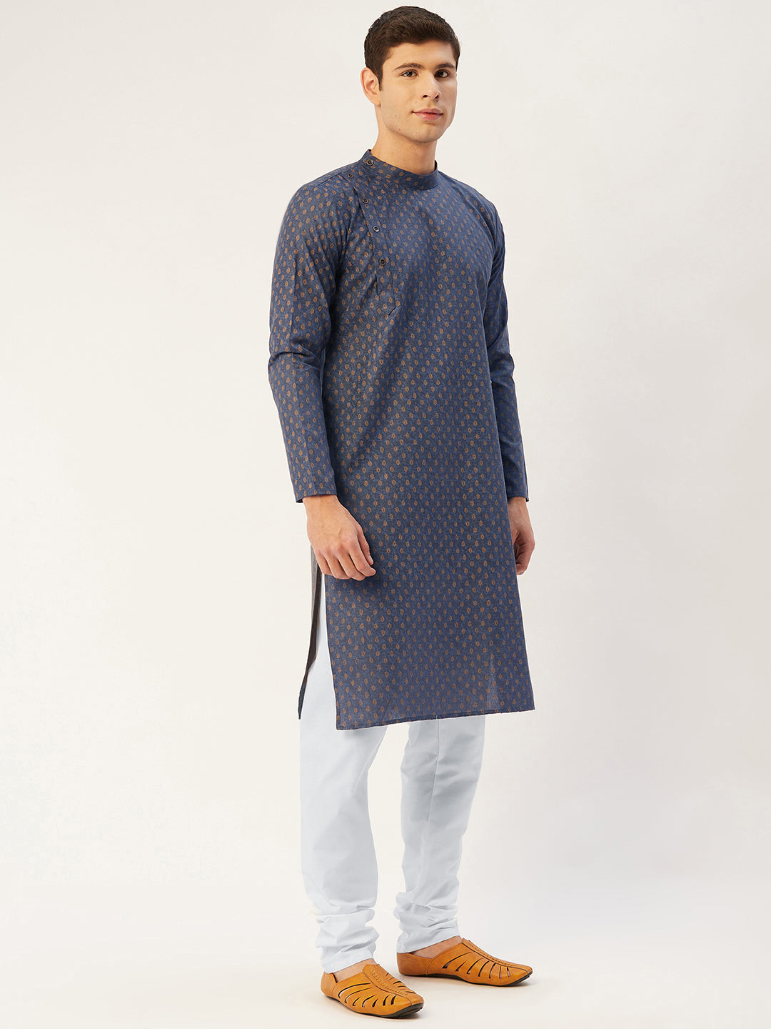 Jompers Men's Navy Cotton printed kurta Pyjama Set