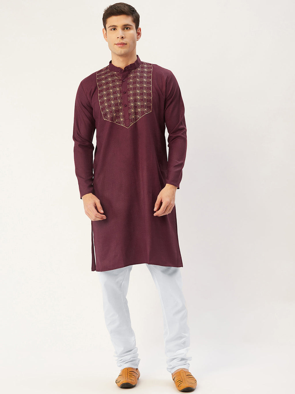 Jompers Men's Maroon Cotton Embroidered Kurta Pyjama