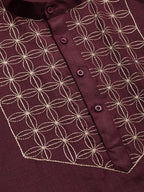 Jompers Men's Maroon Cotton Embroidered Kurta Only