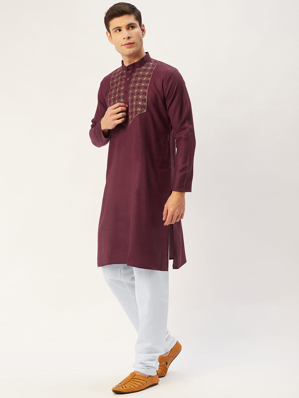 Jompers Men's Maroon Cotton Embroidered Kurta Pyjama