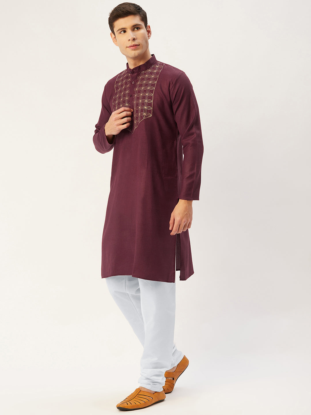 Jompers Men's Maroon Cotton Embroidered Kurta Pyjama