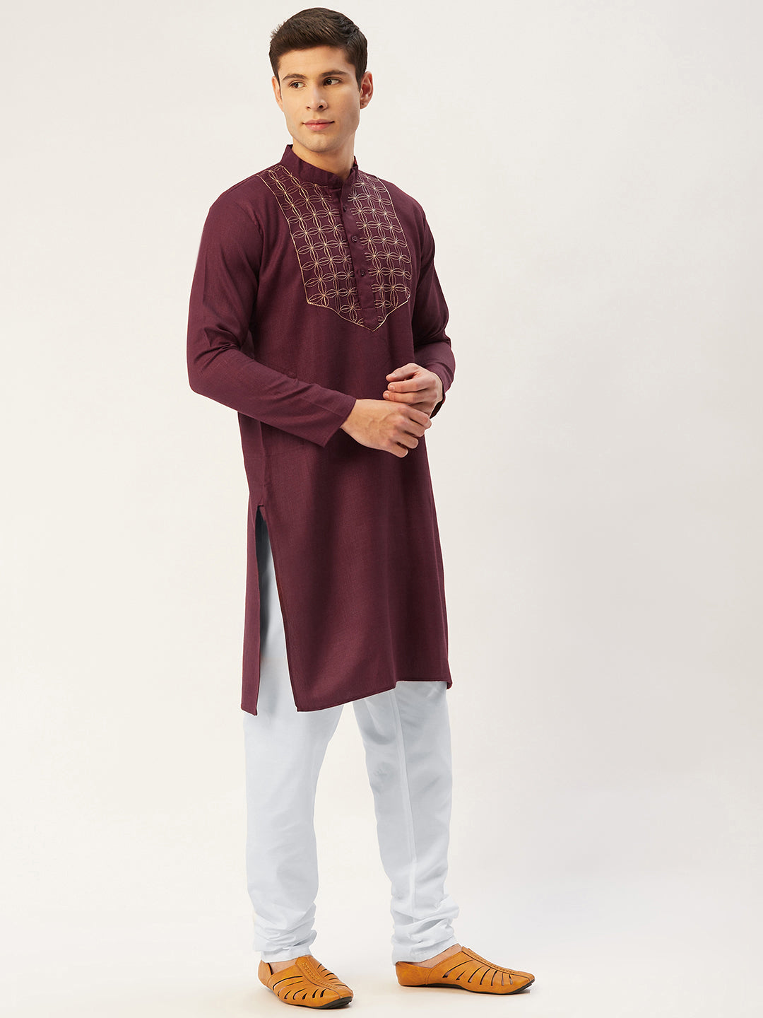 Jompers Men's Maroon Cotton Embroidered Kurta Pyjama