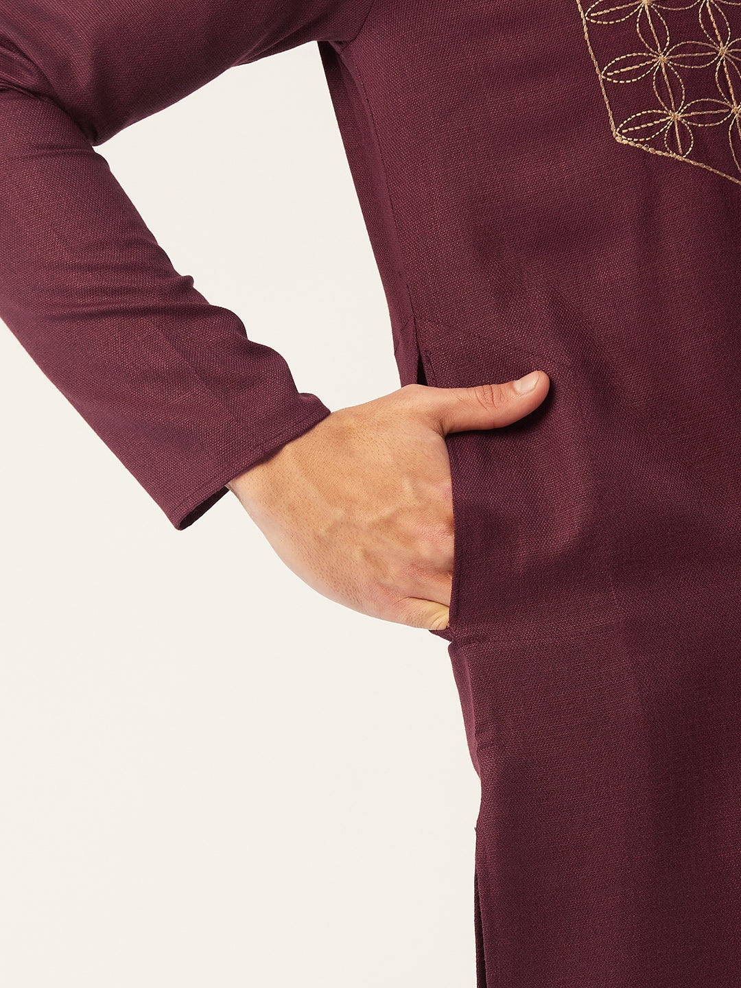 Jompers Men's Maroon Cotton Embroidered Kurta Pyjama