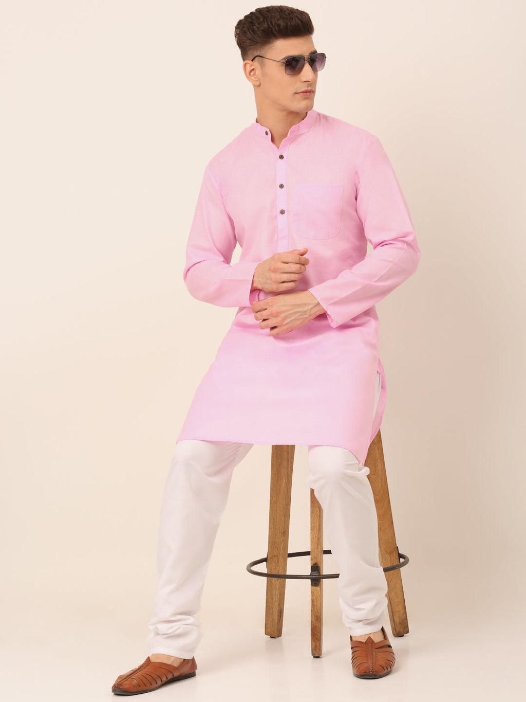 Jompers Men's Cotton Solid Kurta - Pink