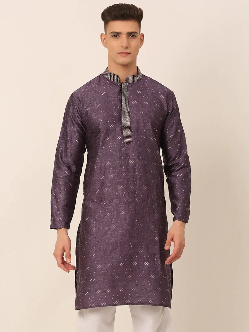 Jompers Men's Silk Blend Collar Embroidered Kurta only - Purple