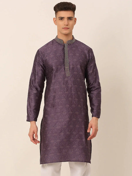 Jompers Men's Silk Blend Collar Embroidered Kurta only - Purple