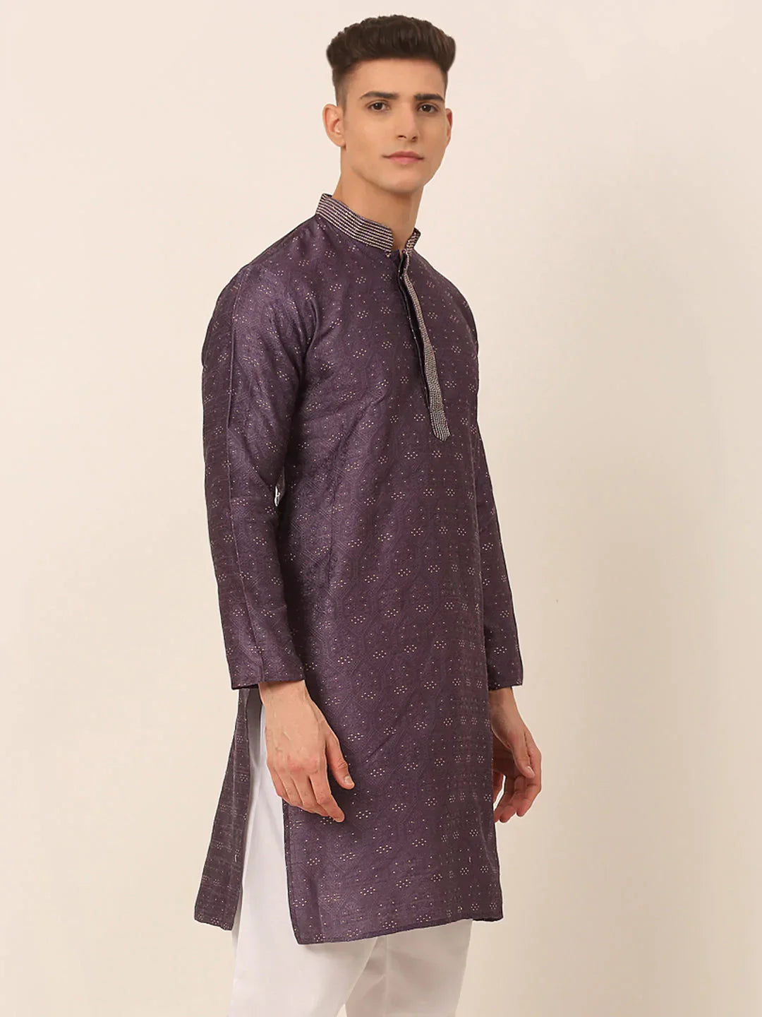 Jompers Men's Silk Blend Collar Embroidered Kurta only - Purple