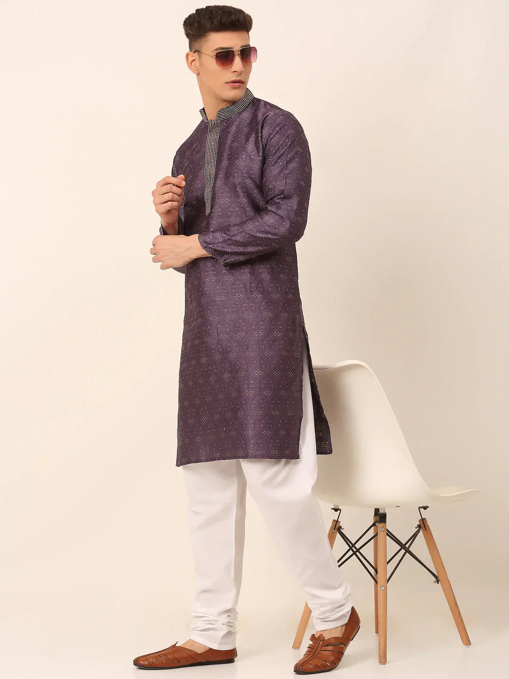 Jompers Men's Silk Blend Collar Embroidered Kurta only - Purple