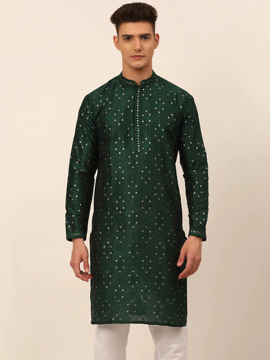 Jompers Men's Silk Blend Collar Embroidered Kurta Only - Green