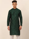 Jompers Men's Silk Blend Collar Embroidered Kurta Only - Green