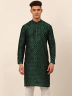 Jompers Men's Silk Blend Collar Embroidered Kurta Only - Green