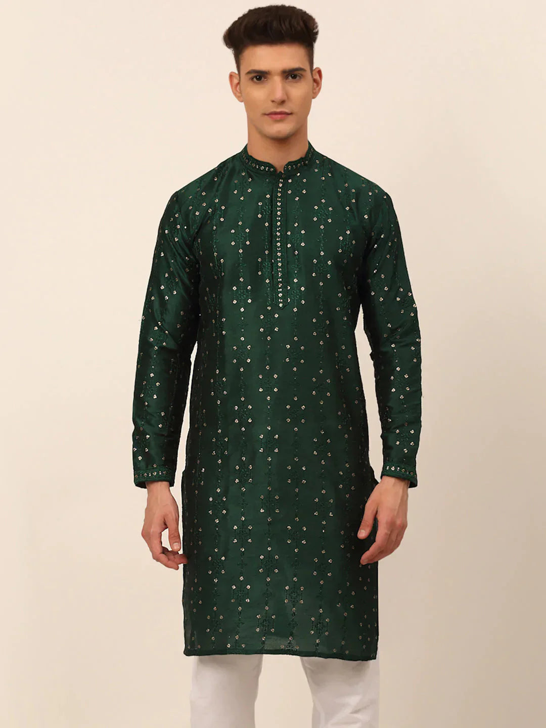 Jompers Men's Silk Blend Collar Embroidered Kurta Only - Green