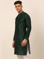 Jompers Men's Silk Blend Collar Embroidered Kurta Only - Green