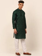 Jompers Men's Silk Blend Collar Embroidered Kurta Only - Green