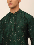 Jompers Men's Silk Blend Collar Embroidered Kurta Only - Green