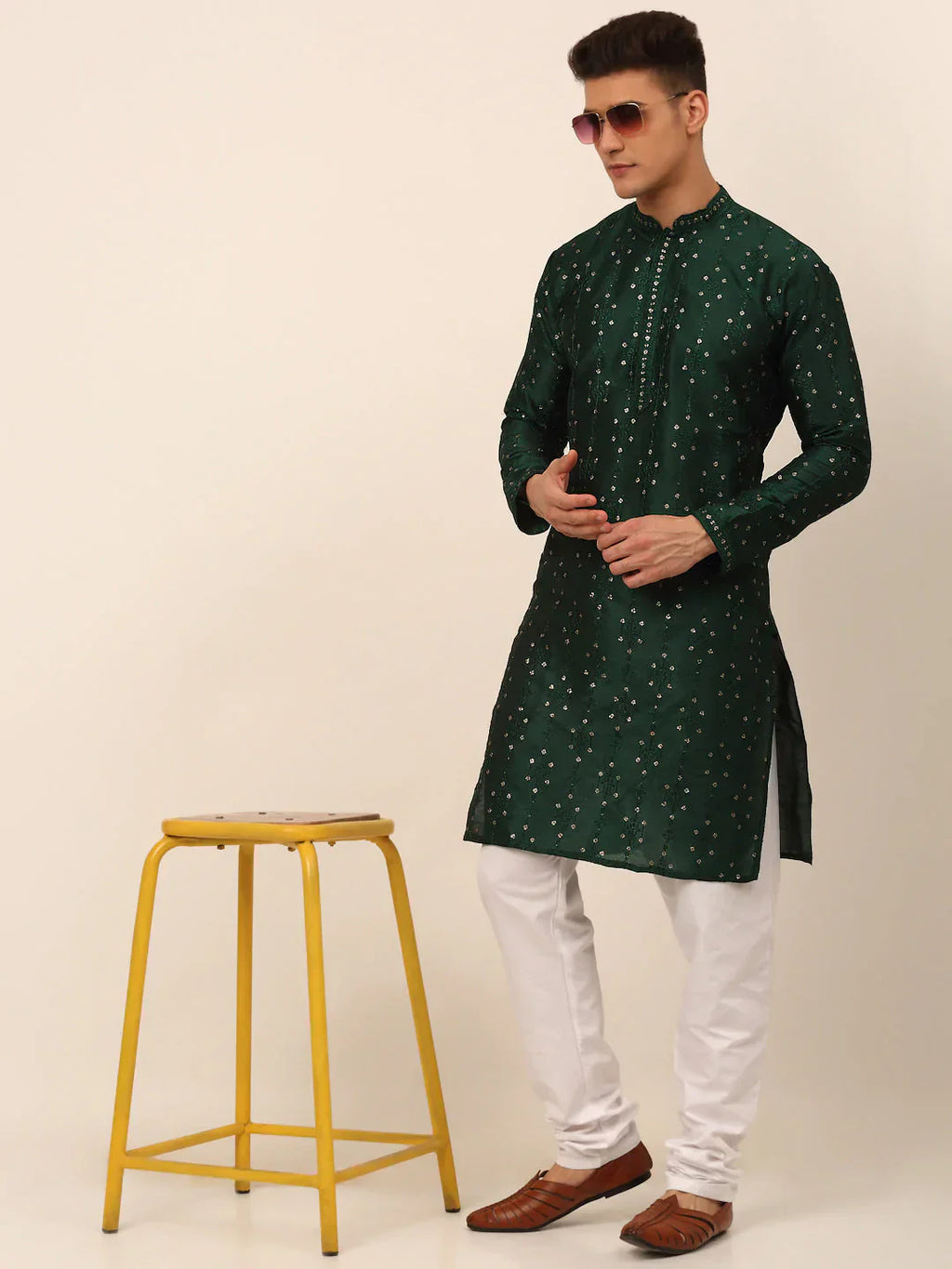 Jompers Men's Silk Blend Collar Embroidered Kurta Only - Green