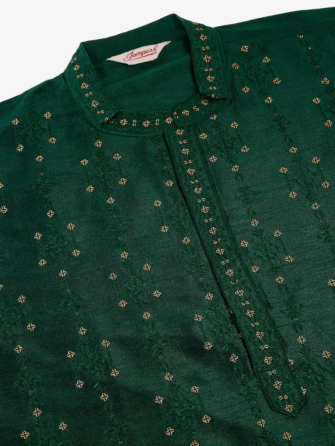 Jompers Men's Silk Blend Collar Embroidered Kurta Only - Green