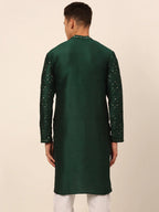 Jompers Men's Silk Blend Collar Embroidered Kurta Only - Green