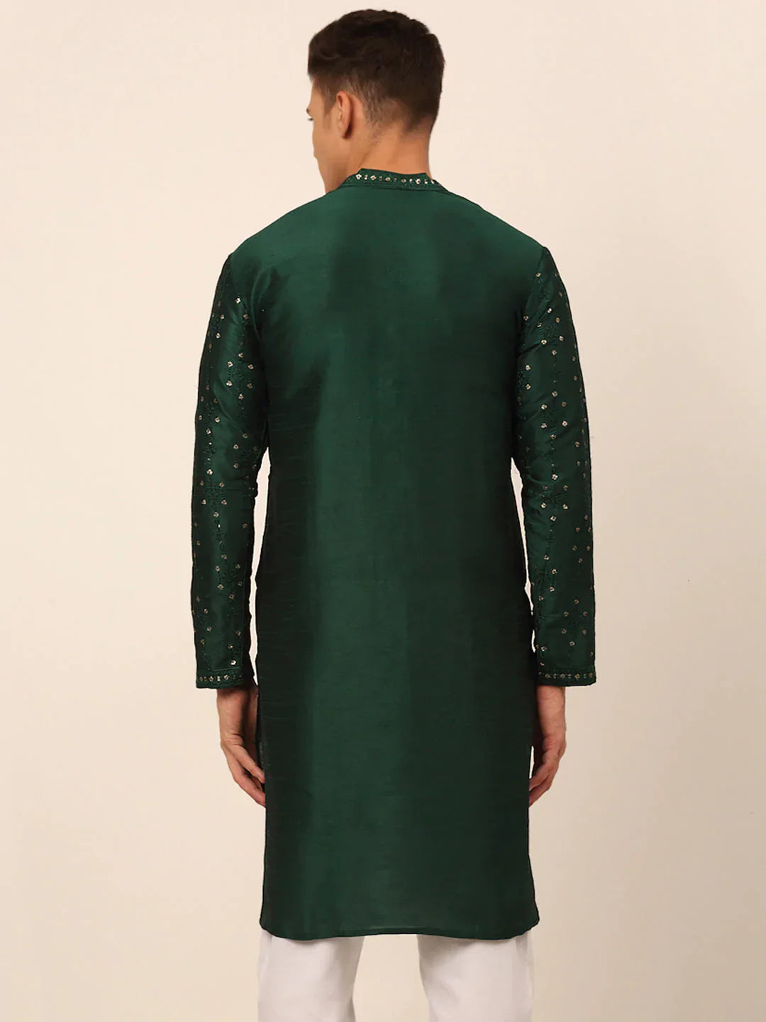 Jompers Men's Silk Blend Collar Embroidered Kurta Only - Green