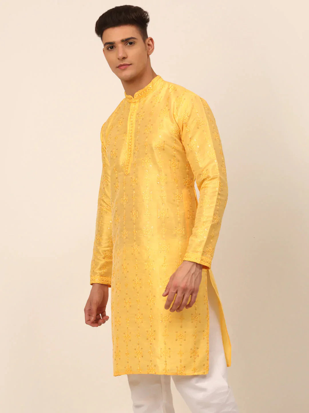 Jompers Men's Silk Blend Collar Embroidered Kurta Only - Yellow
