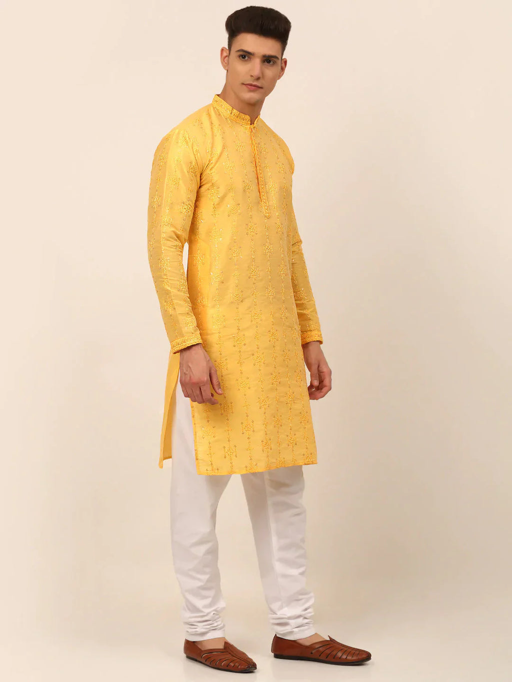 Jompers Men's Silk Blend Collar Embroidered Kurta Only - Yellow