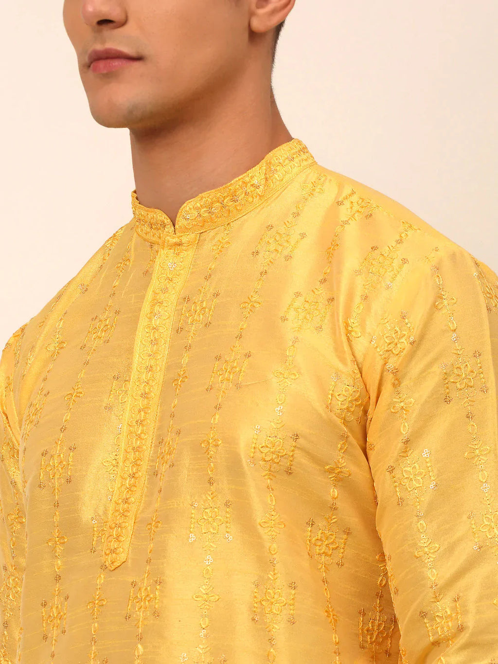 Jompers Men's Silk Blend Collar Embroidered Kurta Only - Yellow