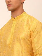 Jompers Men's Silk Blend Collar Embroidered Kurta Only - Yellow