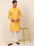Jompers Men's Silk Blend Collar Embroidered Kurta Only - Yellow