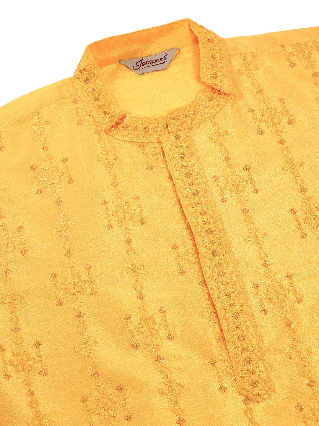 Jompers Men's Silk Blend Collar Embroidered Kurta Only - Yellow
