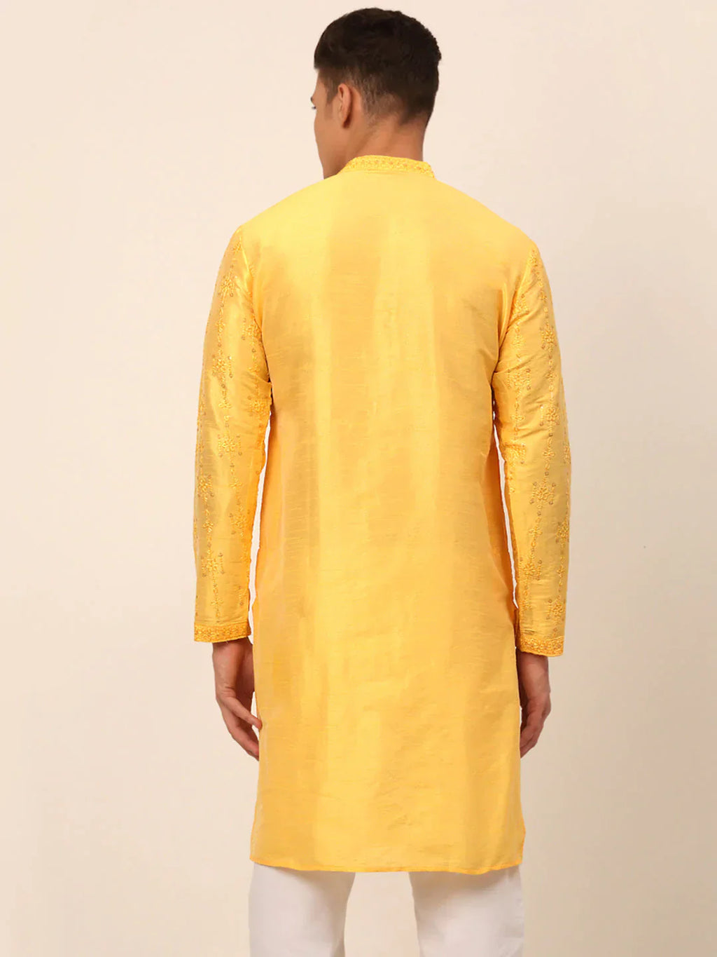 Jompers Men's Silk Blend Collar Embroidered Kurta Only - Yellow
