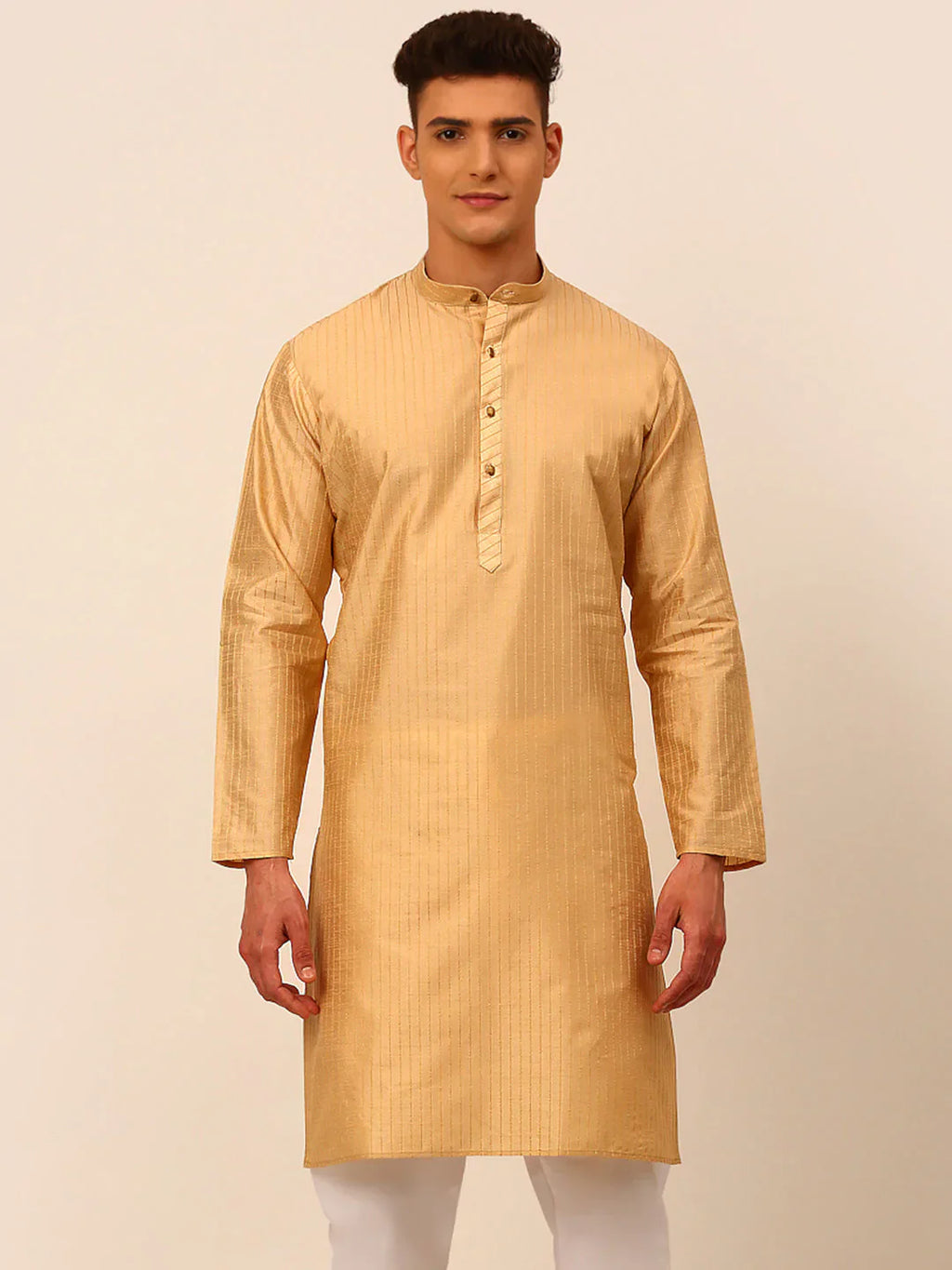 Jompers Men's Beige Striped Pleated Chikankari Kurta Only