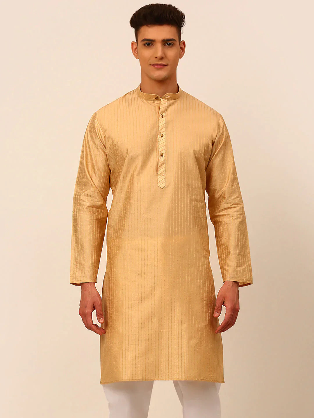 Jompers Men's Beige Striped Pleated Chikankari Kurta Only
