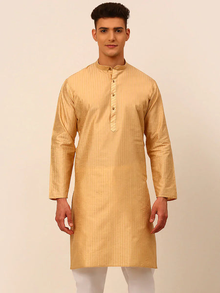 Jompers Men's Beige Striped Pleated Chikankari Kurta Only