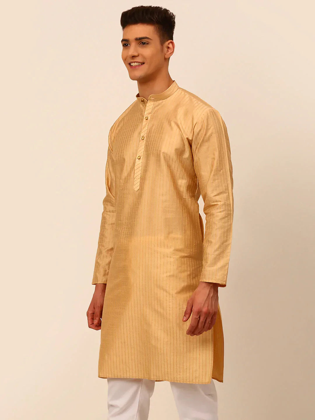 Jompers Men's Beige Striped Pleated Chikankari Kurta Only