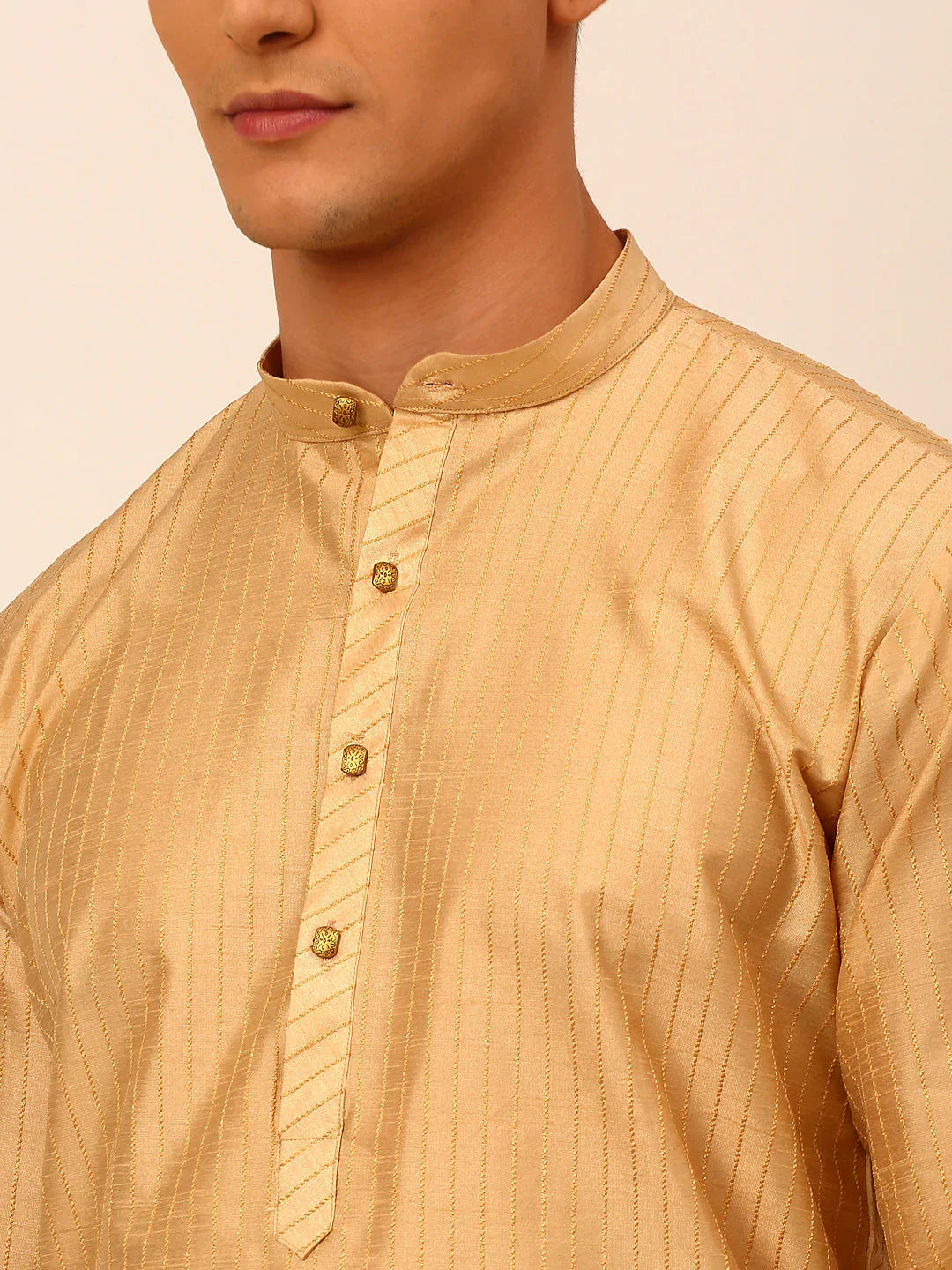 Jompers Men's Beige Striped Pleated Chikankari Kurta Only