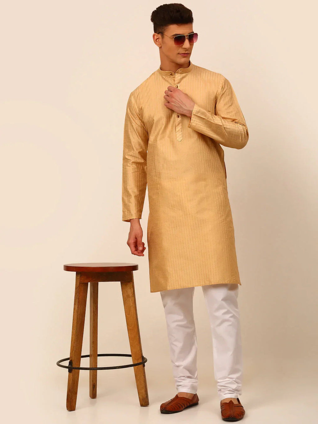 Jompers Men's Beige Striped Pleated Chikankari Kurta Only