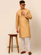 Jompers Men's Beige Striped Pleated Chikankari Kurta Only