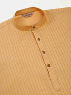 Jompers Men's Beige Striped Pleated Chikankari Kurta Only