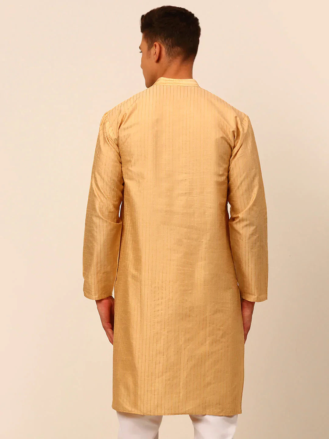 Jompers Men's Beige Striped Pleated Chikankari Kurta Only