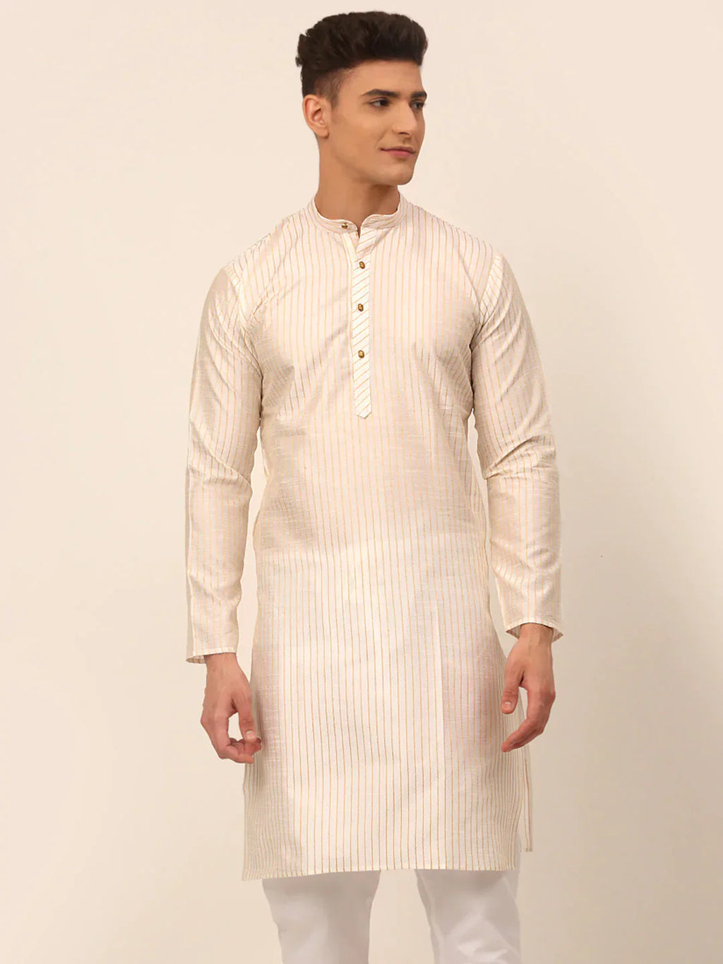 Jompers Men's Cream Striped Pleated Chikankari Kurta Only