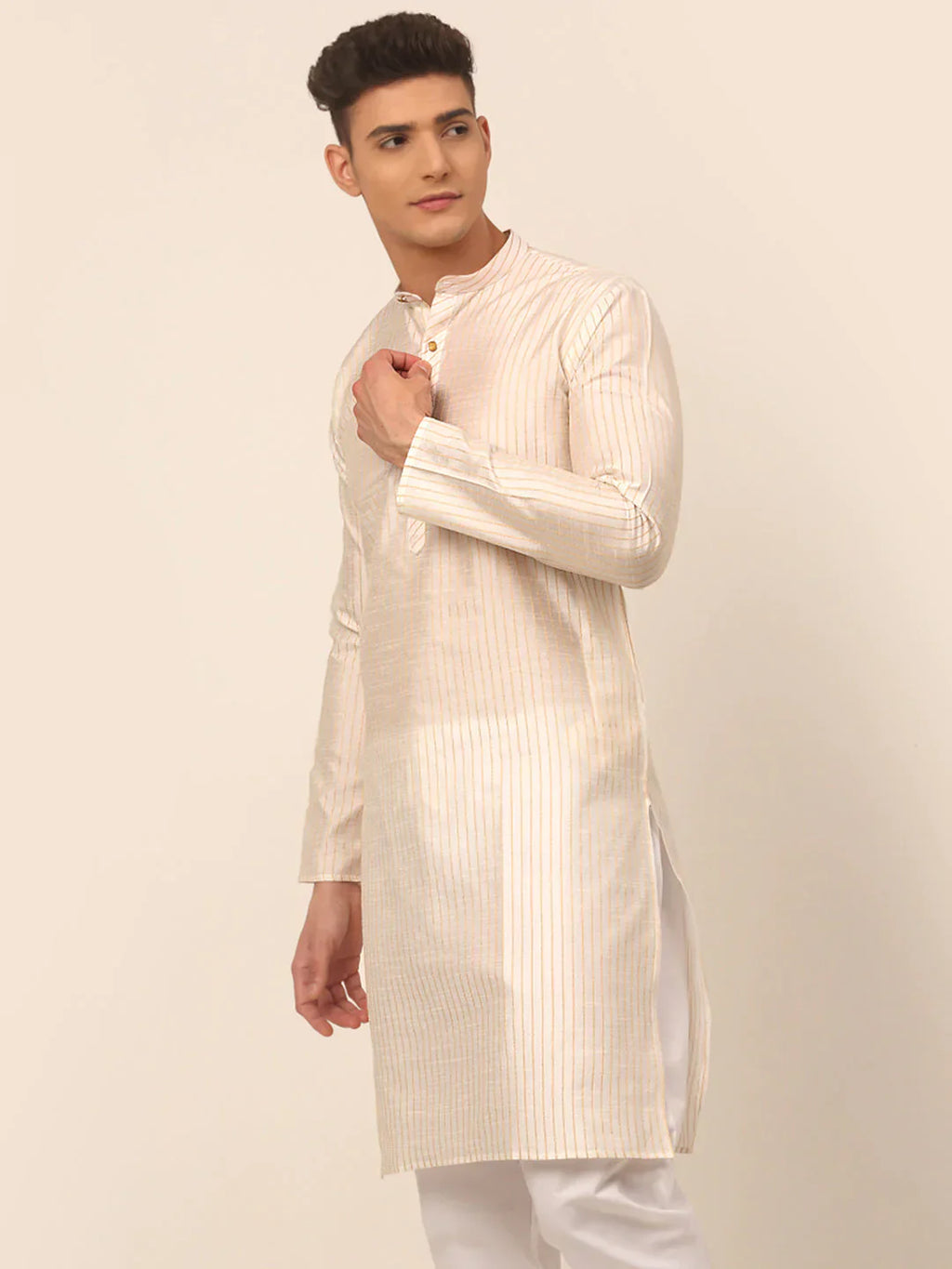 Jompers Men's Cream Striped Pleated Chikankari Kurta Only